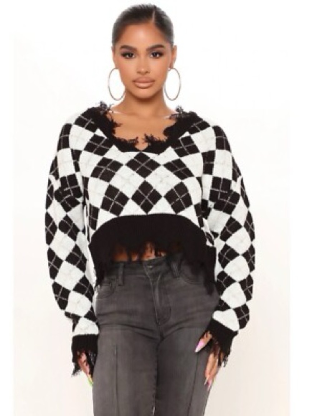 JUST POLLY Distressed Argyle Cropped Sweater. Size Large.